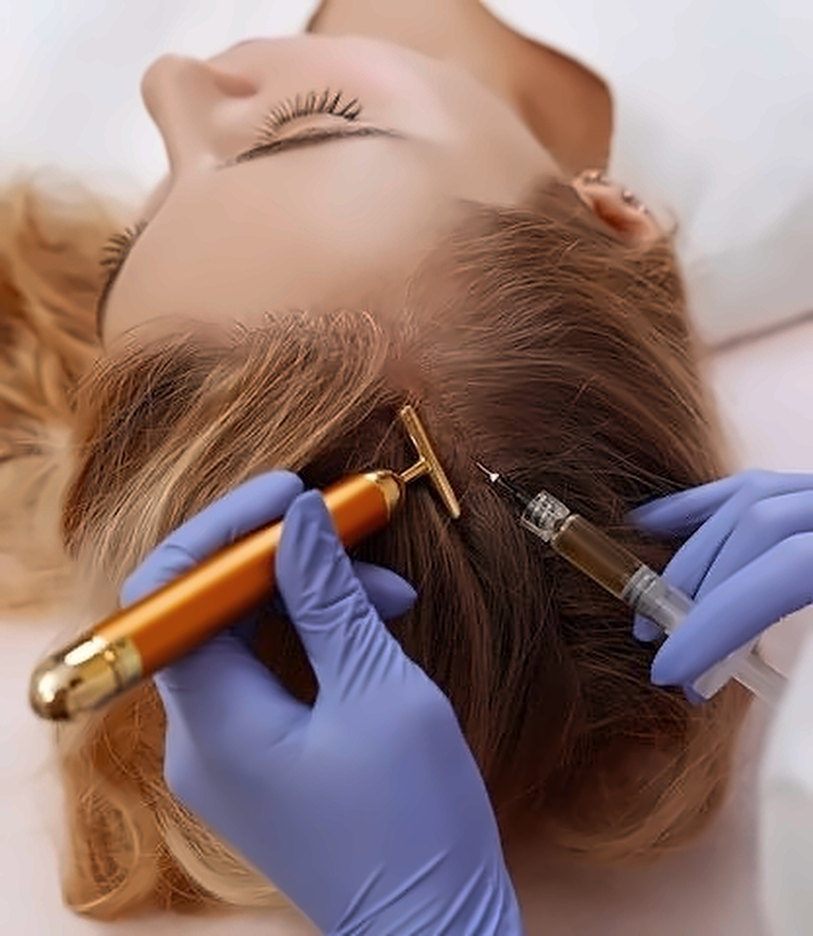 Profissional aplicando terapia capilar no couro cabeludo da paciente