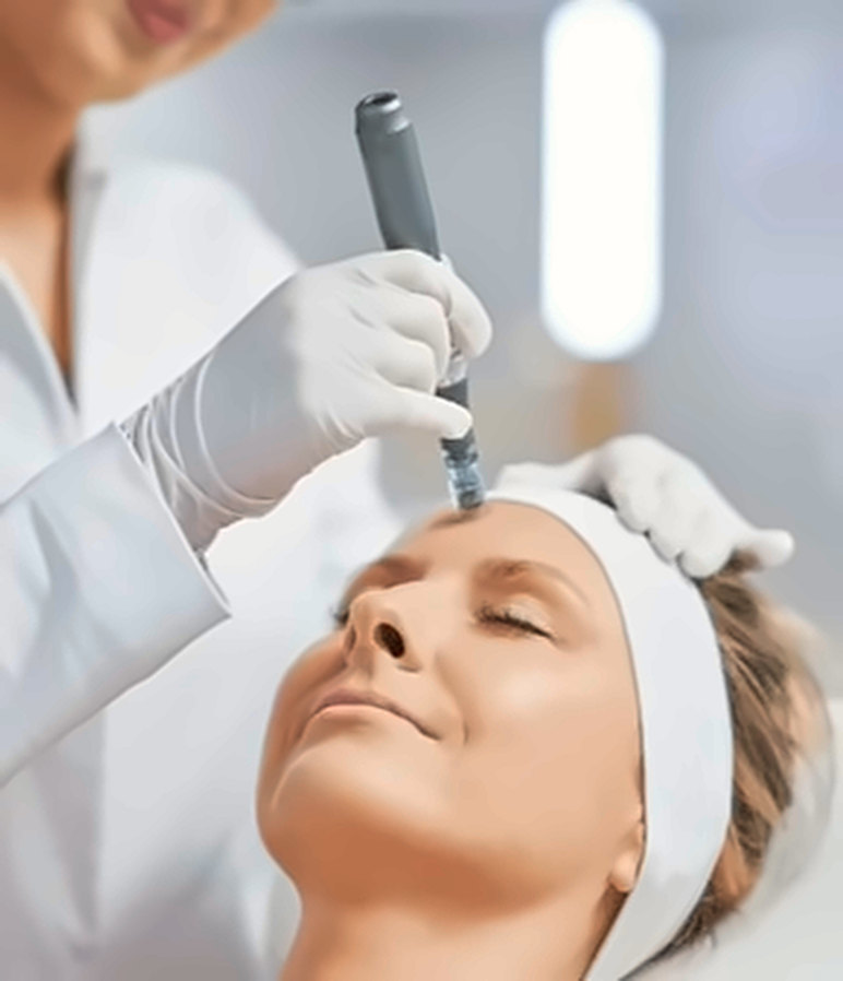 Profissional aplicando microagulhamento com dermapen no rosto da paciente